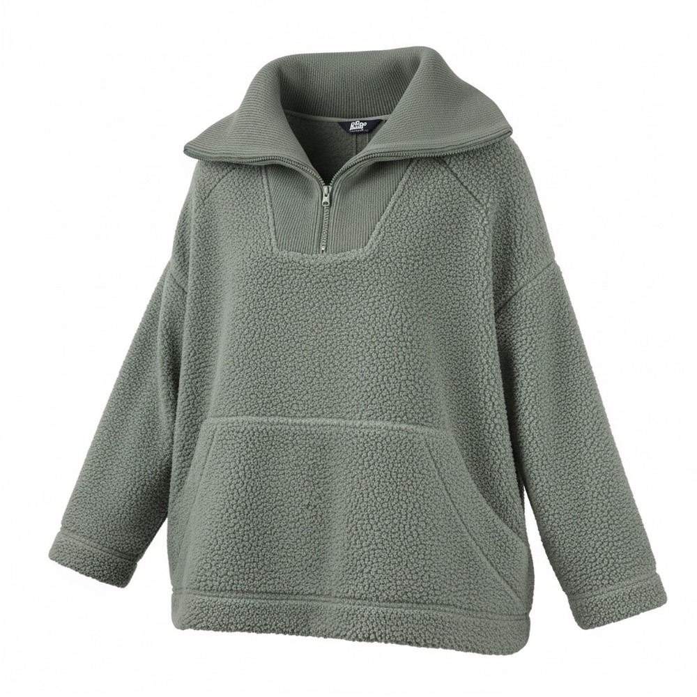 Lands End Womens 1X Gray Sherpa Fleece Quarter Zip Pullover Sweater 525919